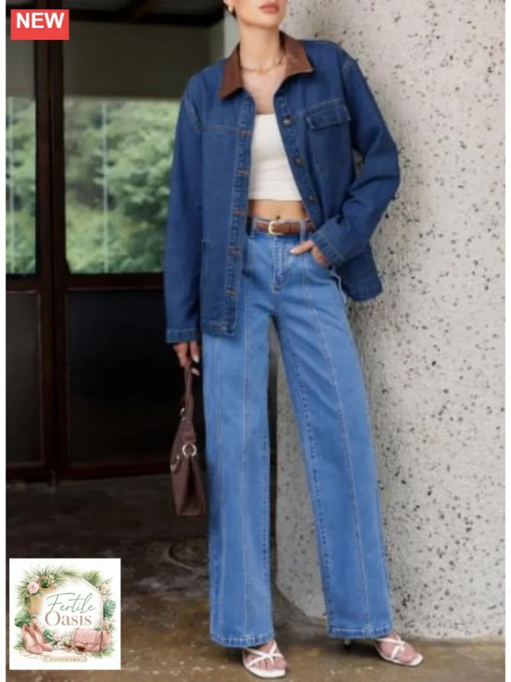 Women's Trendy Denim Jacket with Leather Collar Button Down Long Sleeve